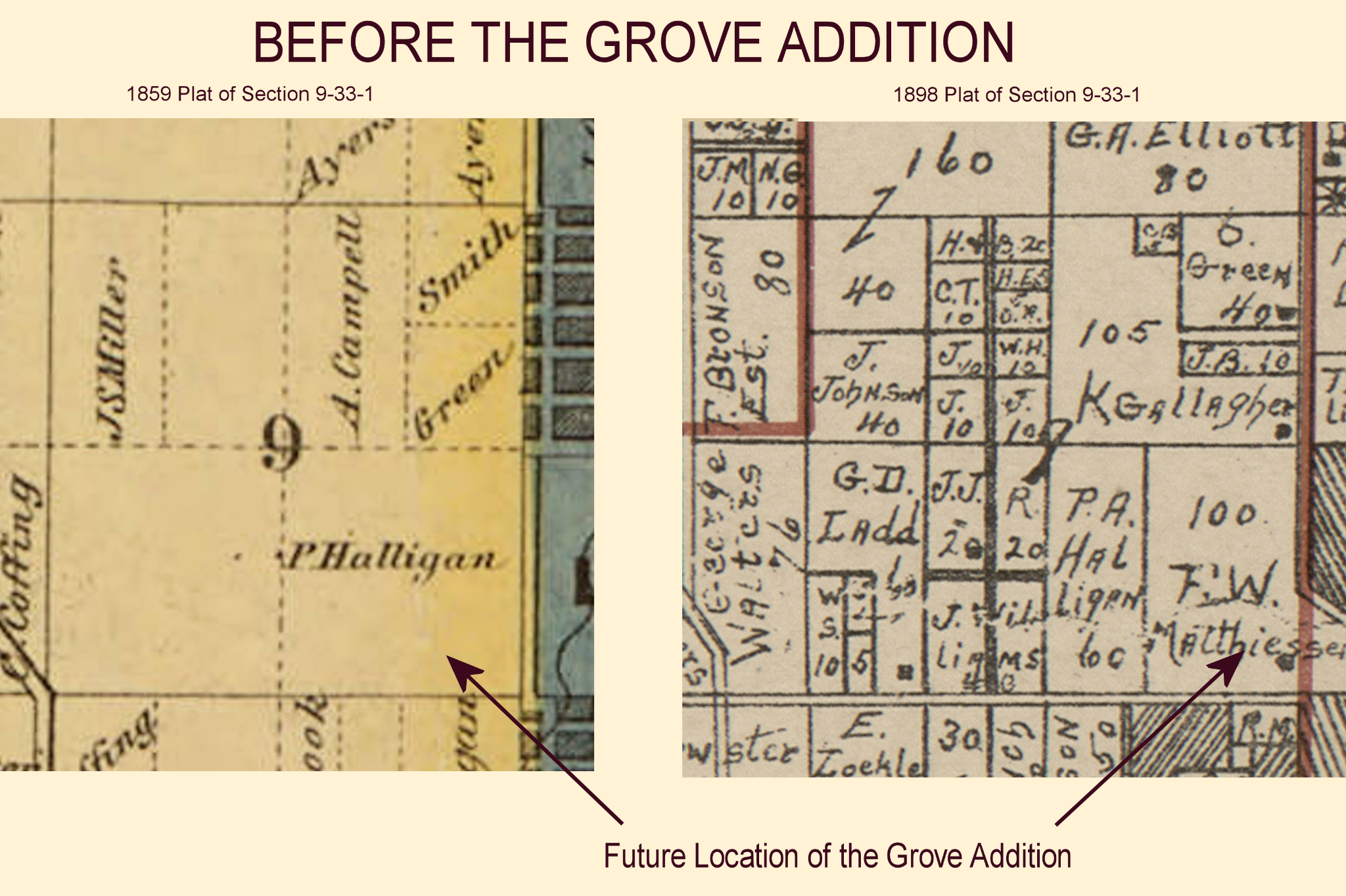 Two historical plats showing the future location of the Grove Addition under Halligan and Matthiessen ownership